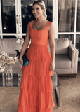 Nydia | Elegant A Line Square Layered Orange Satin Long Prom Dress - Orange - PROMDRESS Club