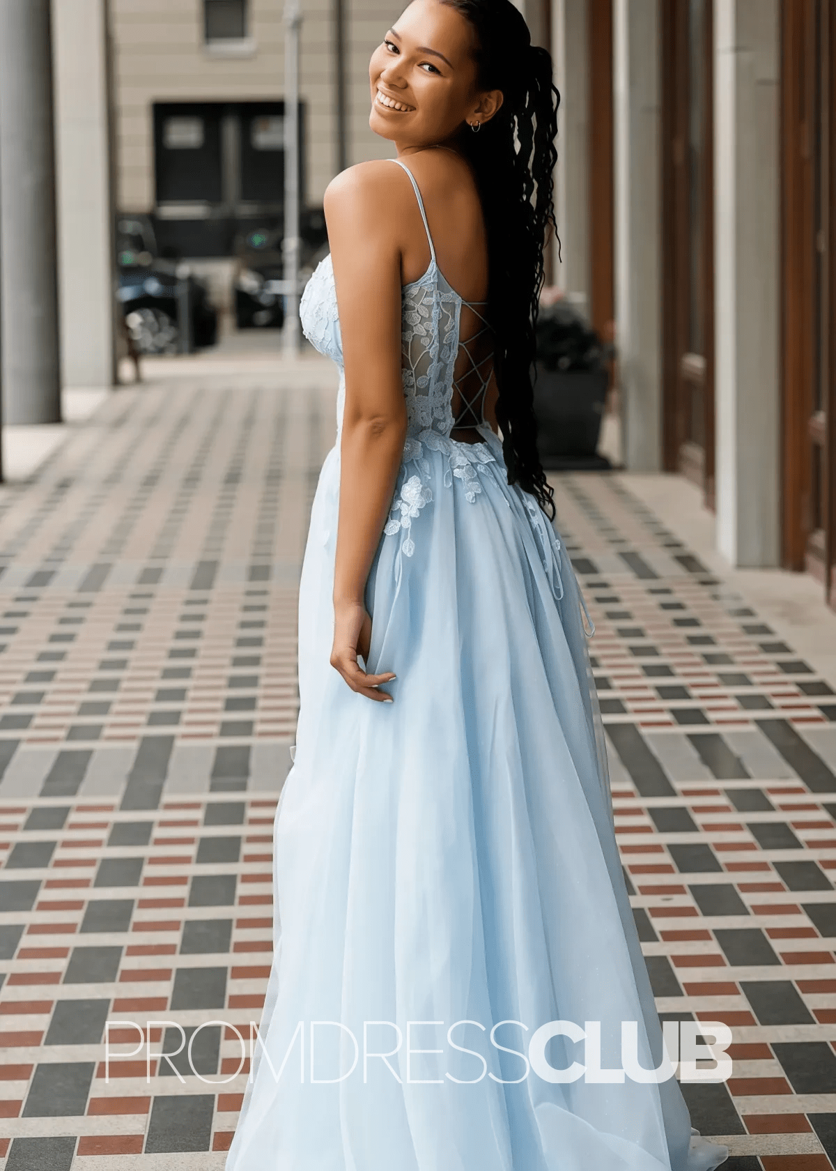 Nydia |Light Blue Prom Dresses Long Near Me With A Line Straps Corset Tulle High Slit - Light Blue - PromDressClub