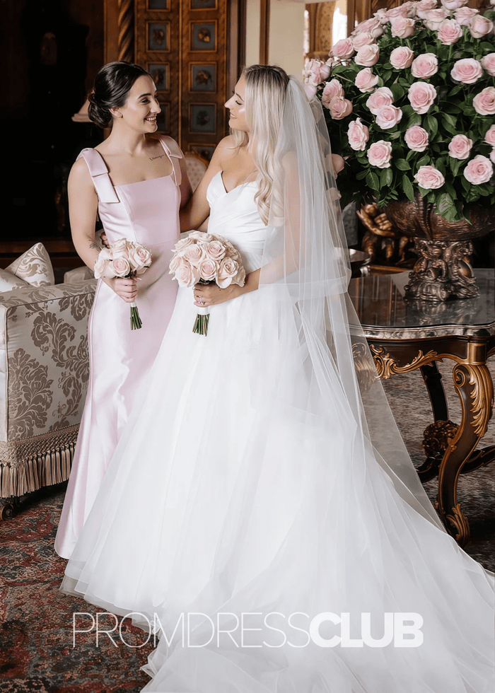 Octavia | Long Pink Bridesmaid Dress With Satin Boho Bow Mermaid Straps - Price #price_variant_lowest# - Pink - PromDressClub