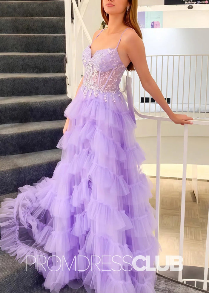 Olive |Long Lilac Prom Dresses Shops With A - Line Tiered Layered Tulle Spaghetti Straps V - Neck - Price #price_variant_lowest# - Lilac - PromDressClub