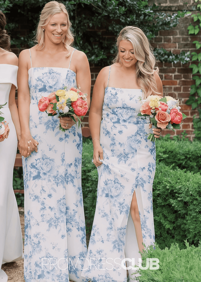 Olive | Sheath Print White Blue Floral Satin Long Bridesmaid Dress - Price #price_variant_lowest# - Blue Floral - PromDressClub