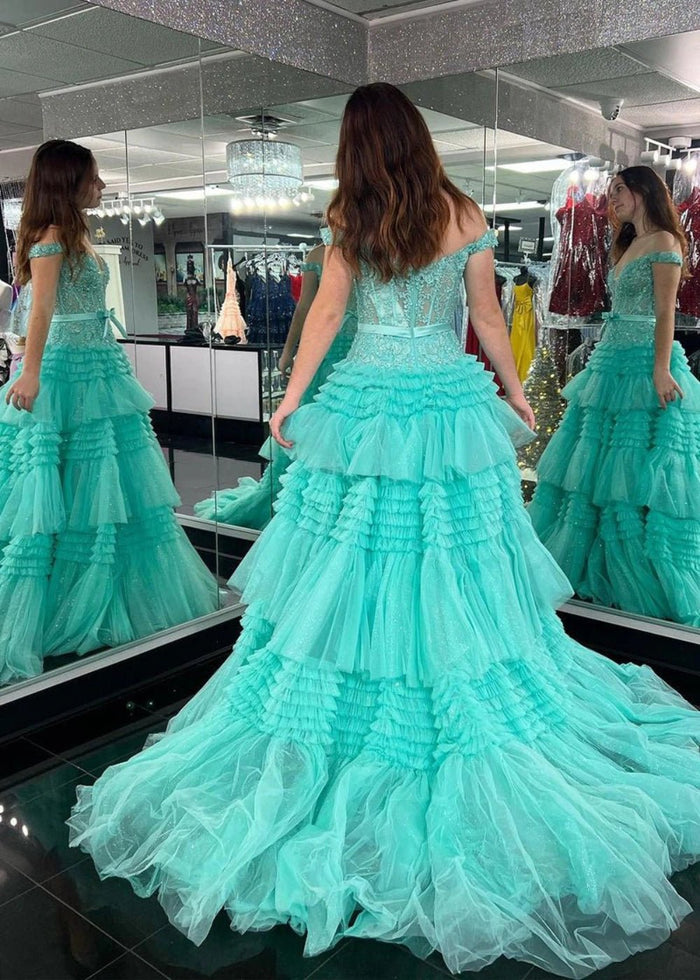 Ophelia | Stunning Light Pink Off the Shoulder Corset Ruffle Prom Dress with Bow - Aqua - PromDressClub