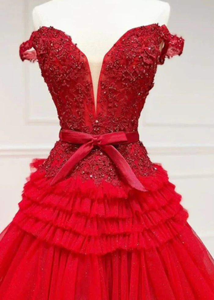 Ophelia | Stunning Light Pink Off the Shoulder Corset Ruffle Prom Dress with Bow - Red - PromDressClub