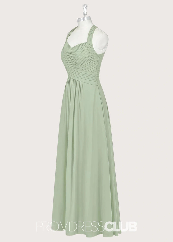 Pamela | A - Line Halter Sage Green Chiffon Long Bridesmaid Dresses - Price #price_variant_lowest# - Sage - PromDressClub