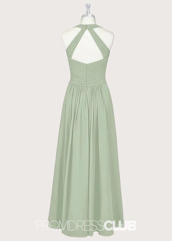 Pamela | A - Line Halter Sage Green Chiffon Long Bridesmaid Dresses - Price #price_variant_lowest# - Sage - PromDressClub