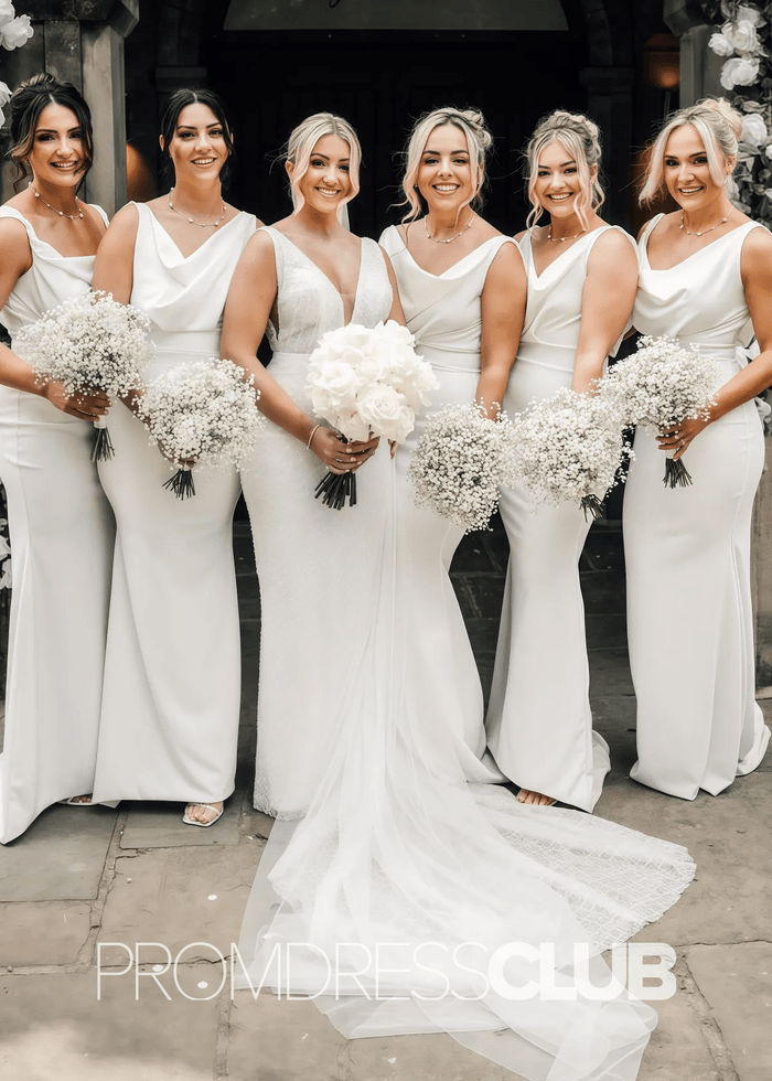 Pandora |Long White Bridesmaid Dress Near Me With Mermaid Lace Cowl Neck - Price #price_variant_lowest# - White - PromDressClub