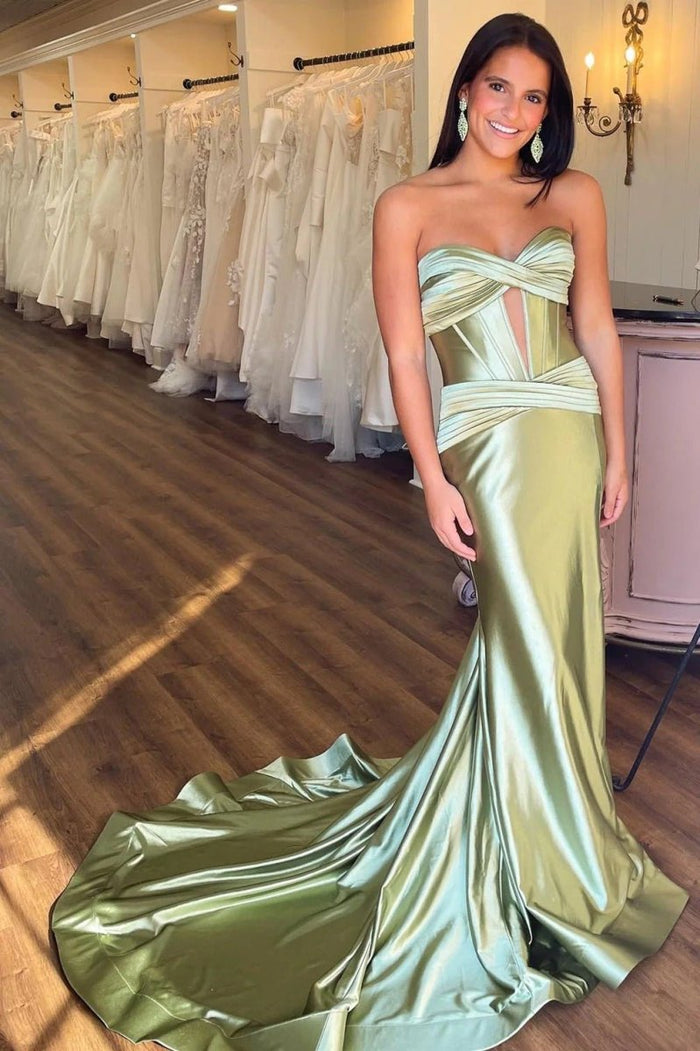 Pandora | Mermaid Satin Black and Hot Pink Strapless Prom Dress with Slit - Sage Green - PromDressClub