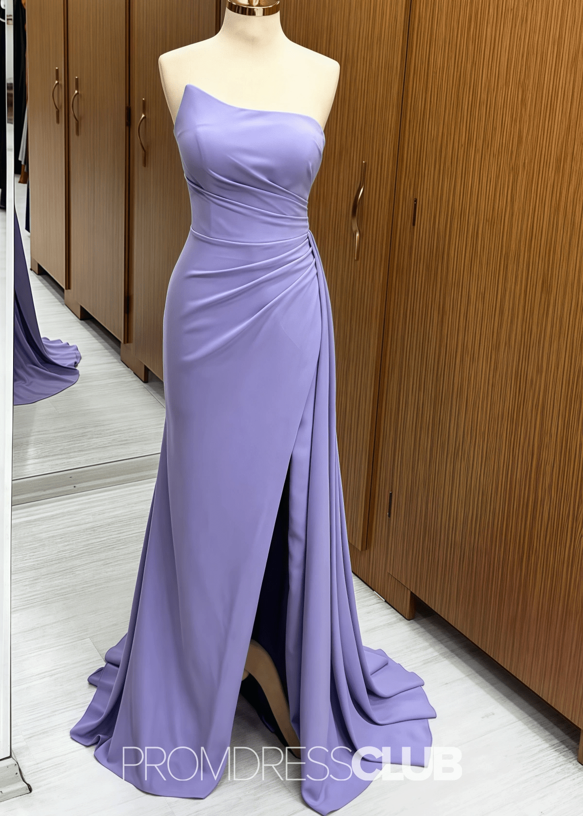 Paula | Mermaid Strapless Ruched Corset Navy Blue Satin Maxi Bridesmaid Dress - Lavender - PROMDRESS Club