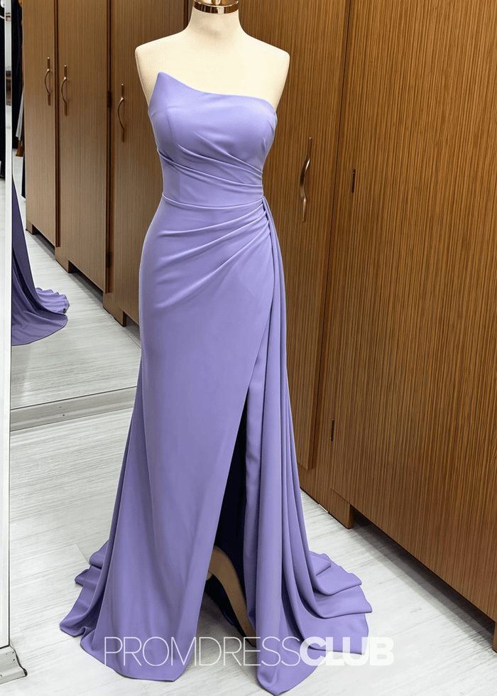 Paula | Mermaid Strapless Ruched Corset Navy Blue Satin Maxi Bridesmaid Dress - Price #price_variant_lowest# - Lavender - PromDressClub