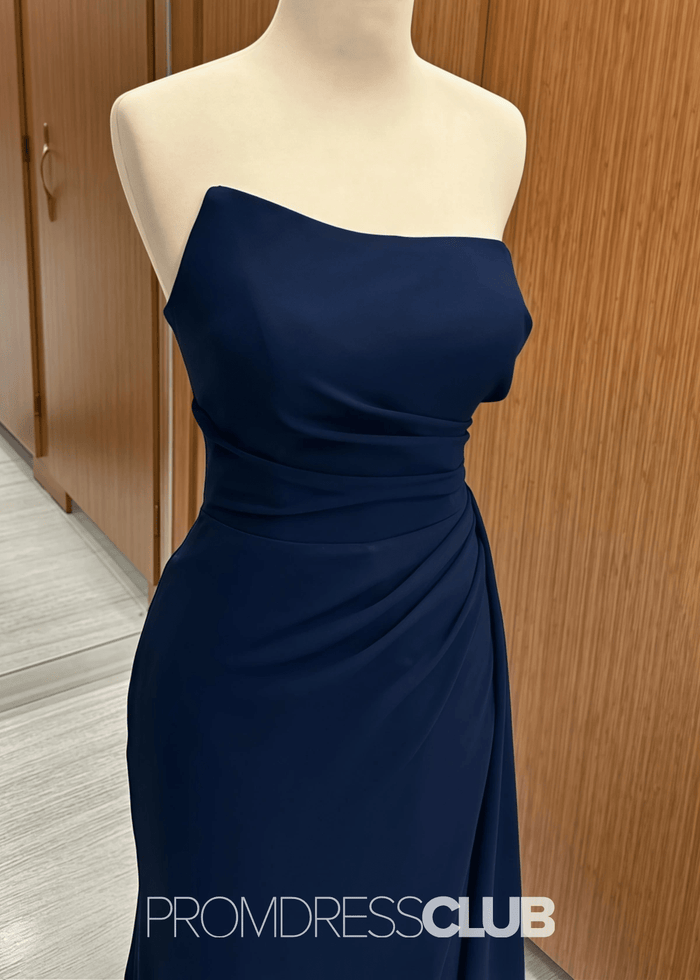 Paula | Mermaid Strapless Ruched Corset Navy Blue Satin Maxi Bridesmaid Dress - Price #price_variant_lowest# - Navy Blue - PromDressClub