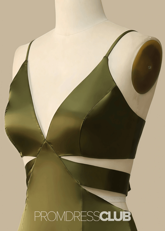 Pearl | A Line Cutout Olive Green Satin Long Bridesmaid Dress with - Price #price_variant_lowest# - Olive Green - PromDressClub