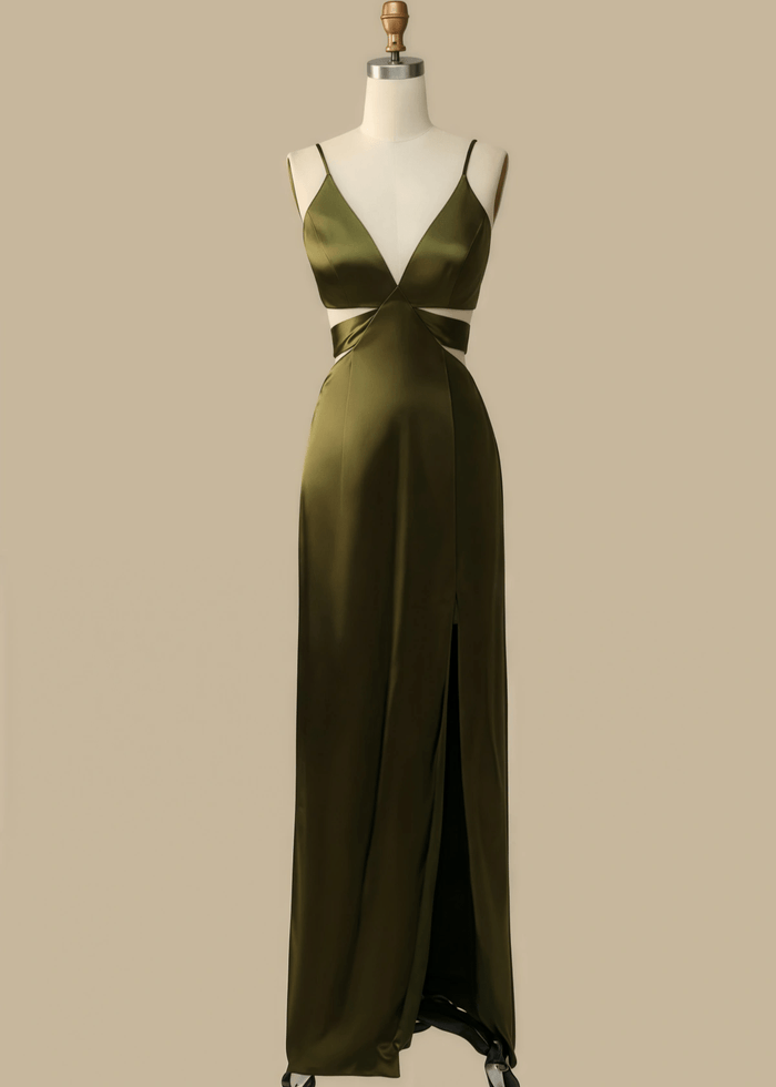 Pearl | A Line Cutout Olive Green Satin Long Bridesmaid Dress with - Price #price_variant_lowest# - Olive Green - PromDressClub