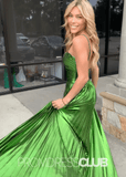 Pearl |Long Sparkly Green Metallic Prom Dresses Websites With A Line Halter Neck Pleated Keyhole Slit - Green - PromDressClub