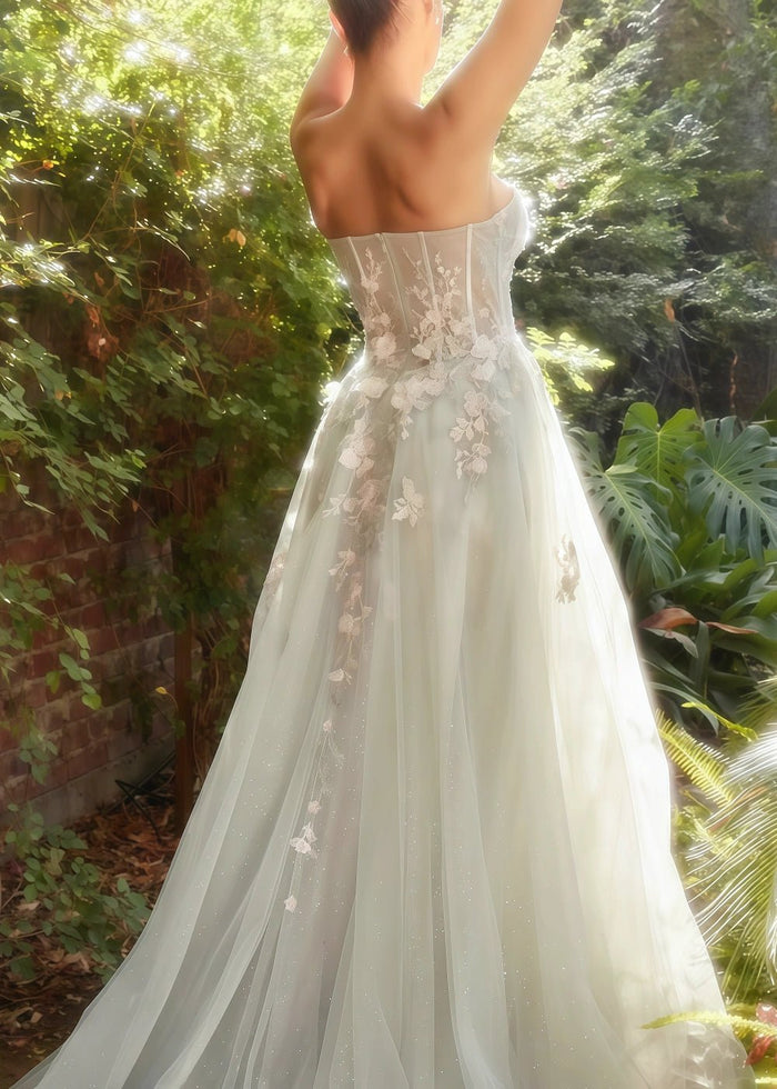 Penelope | Gorgeous Dusty Blue A Line Corset Strapless Prom Dress with Slit - Dusty Blue - PromDressClub