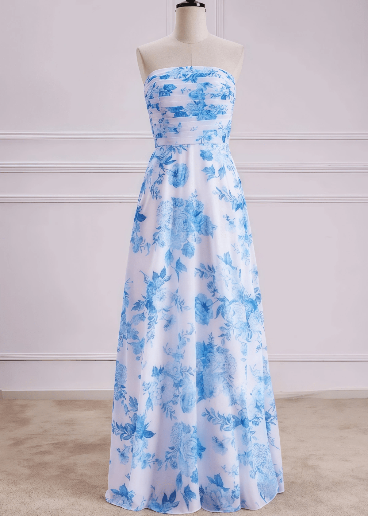 Penny | White Blue Floral Print Mermaid Strapless Long Bridesmaid Dress - Blue Floral - PROMDRESS Club