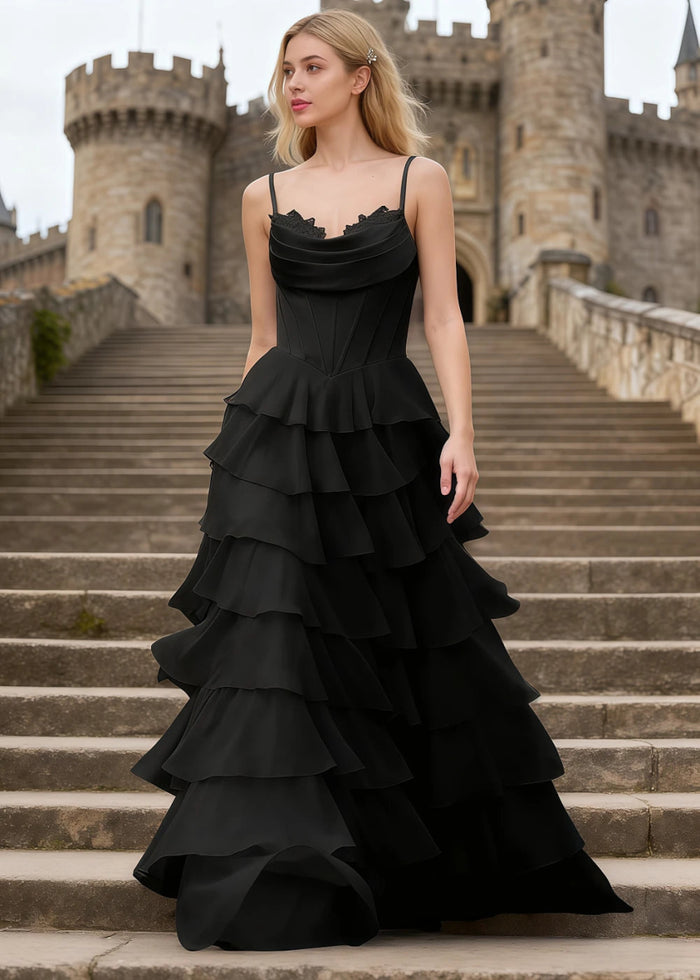 Penumbra Black Corset Ruffle Prom Dress | A - Line Cowl Neck Lace Tiered Pleated Dress with Slit - US0 - PromDressClub