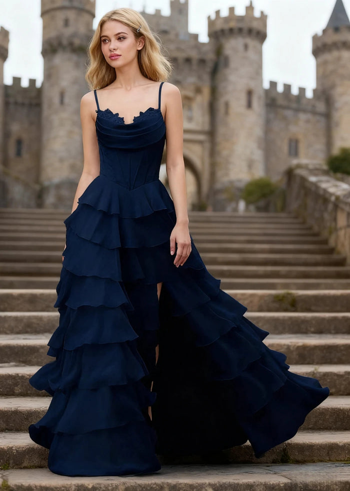 Penumbra Navy Blue Corset Ruffle Prom Dress | A - Line Cowl Neck Lace Tiered Pleated Dress with Slit - US0 - PromDressClub