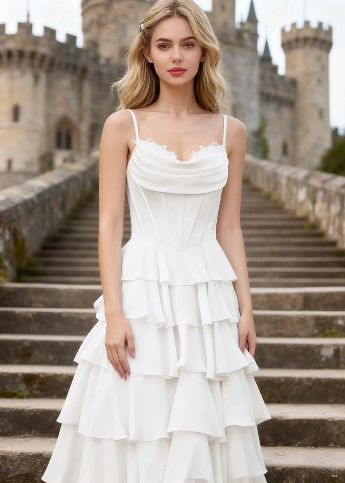 Penumbra White Corset Ruffle Prom Dress | A - Line Cowl Neck Lace Tiered Pleated Dress with Slit - US0 - PromDressClub