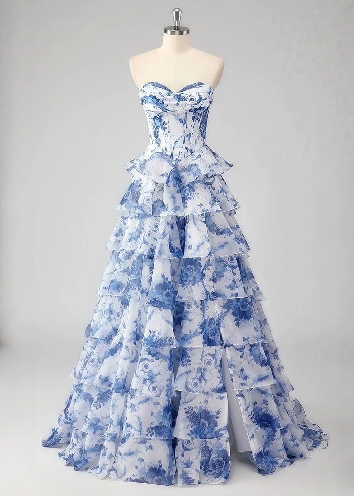 Pia Corset White and Blue Floral Prom Dress Ruffles | A - Line Strapless Lace Detail Slit Formal Dress - White and Blue Floral - PromDressClub