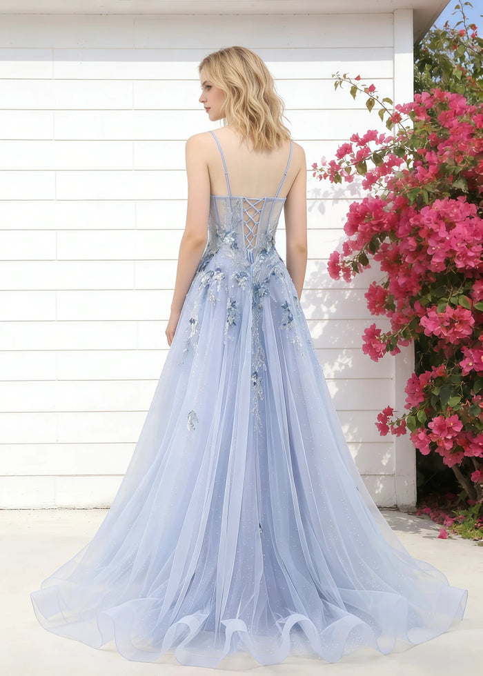 Pippa Sequin Blue Corset Dress Prom | A - Line Strapless Sweetheart Neckline Tulle Formal Dress with Appliques - Blue - PromDressClub