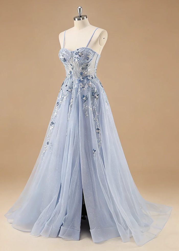 Pippa Sequin Blue Corset Dress Prom | A - Line Strapless Sweetheart Neckline Tulle Formal Dress with Appliques - Blue - PromDressClub