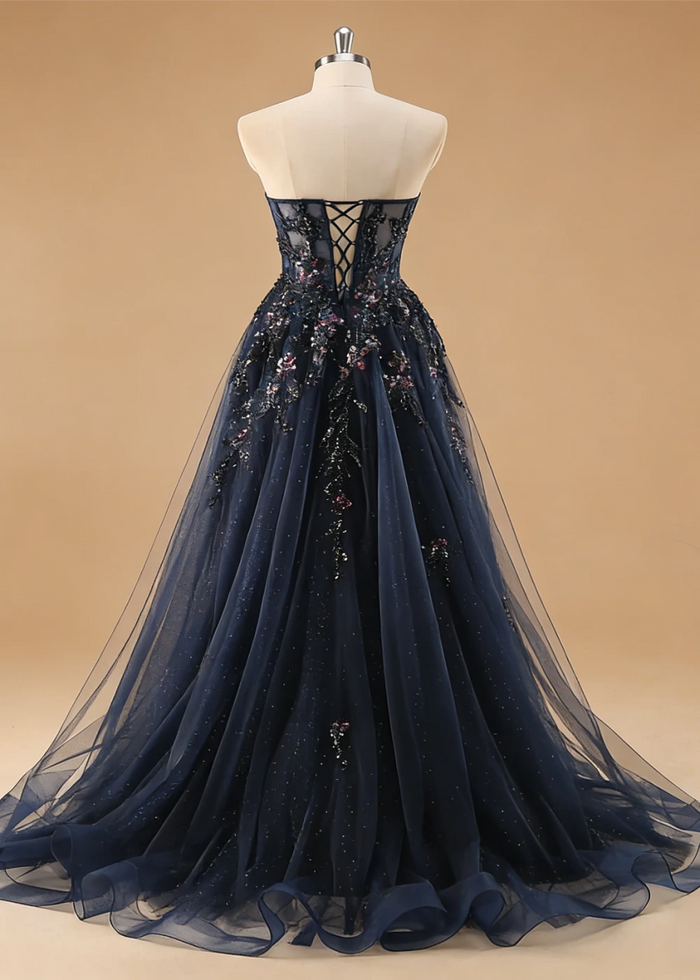 Pippa Sequin Navy Blue Corset Dress Prom | A - Line Strapless Sweetheart Neckline Tulle Formal Dress with Appliques - Navy Blue - PromDressClub