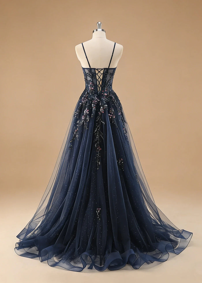 Pippa Sequin Navy Blue Corset Dress Prom | A - Line Strapless Sweetheart Neckline Tulle Formal Dress with Appliques - Navy Blue - PromDressClub