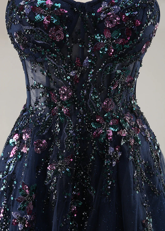 Pippa Sequin Navy Blue Corset Dress Prom | A - Line Strapless Sweetheart Neckline Tulle Formal Dress with Appliques - Navy Blue - PromDressClub
