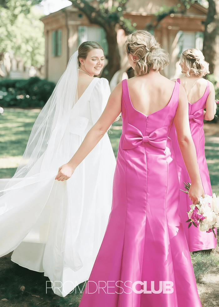 Poppy | Sheath Column Bow Hot Pink Satin Long Bridesmaid Dress - Price #price_variant_lowest# - Hot Pink - PromDressClub