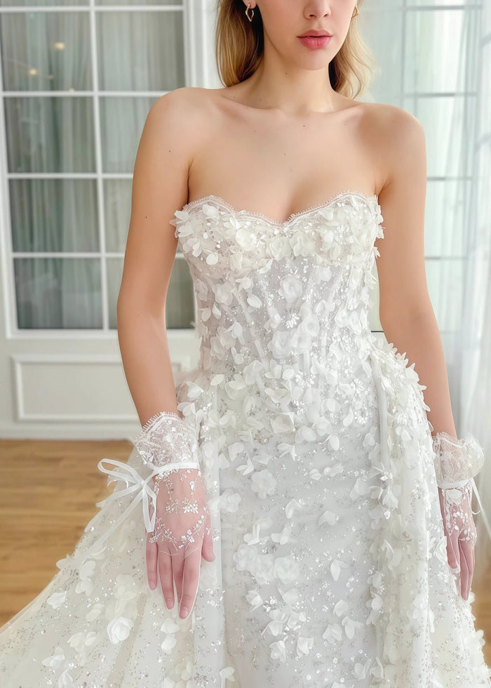 Poppy | Stunning White Strapless Floral Corset Wedding Dress - White Floral - PromDressClub
