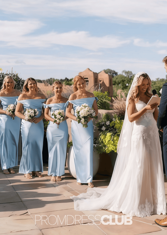 Prima | Sheath Column Bow Pleated Light Blue Satin Long Bridesmaid Dress - Price #price_variant_lowest# - Light Blue - PromDressClub