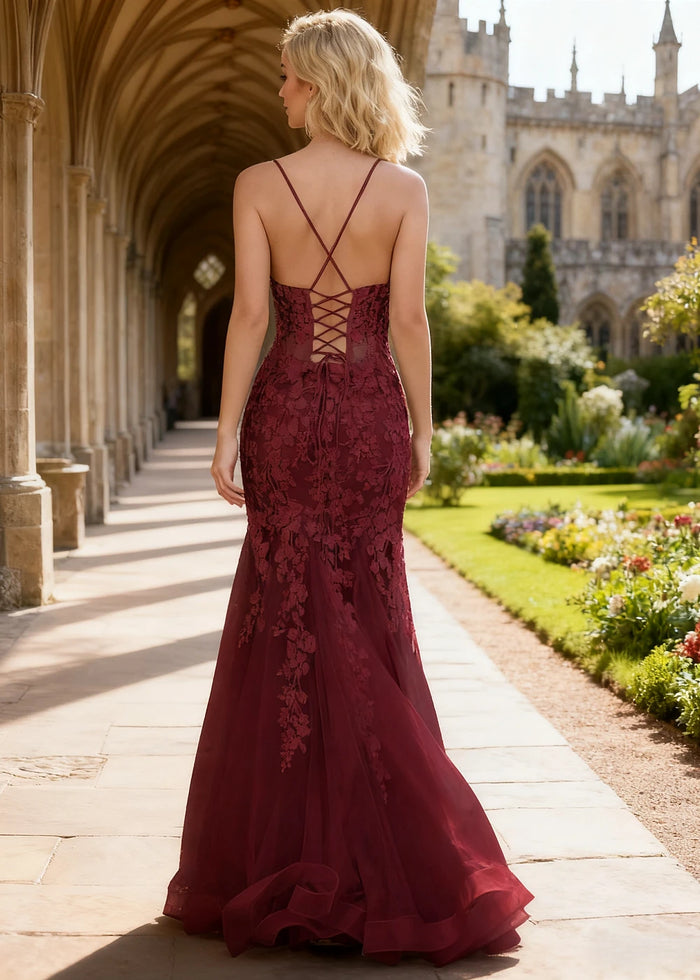 Quinn Burgundy Flower Mermaid Prom Dress | Spaghetti Strap V - Neck Open Back Tulle Gown - Burgundy - PromDressClub