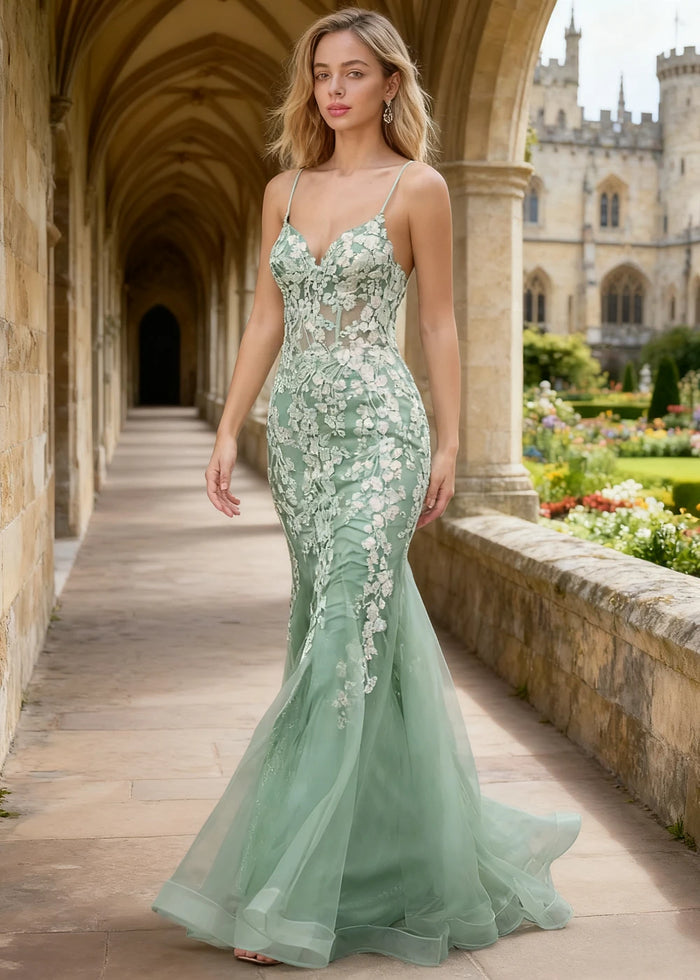 Quinn Light Green Flower Mermaid Prom Dress | Spaghetti Strap V - Neck Open Back Tulle Gown - Light Green - PromDressClub