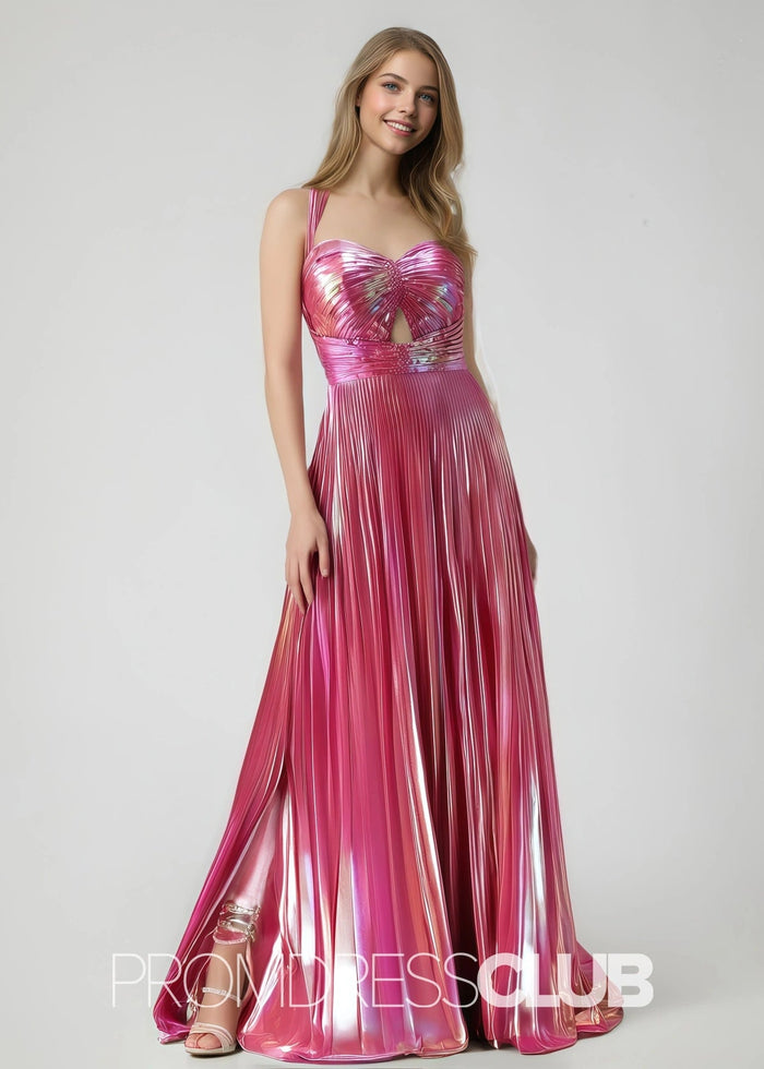 Rae |Long Fuchsia Metallic Prom Dresses Websites With A Line Spaghetti Straps Pleated Slit - Price #price_variant_lowest# - Fuchsia - PromDressClub