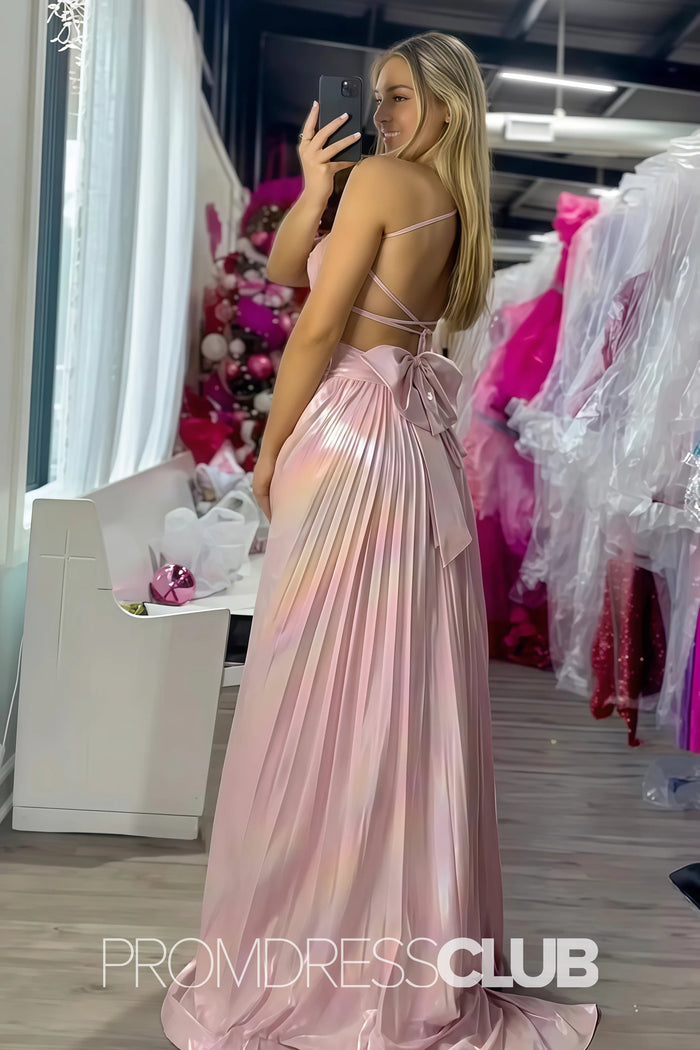 Rae |Long Fuchsia Metallic Prom Dresses Websites With A Line Spaghetti Straps Pleated Slit - Price #price_variant_lowest# - Blush - PromDressClub