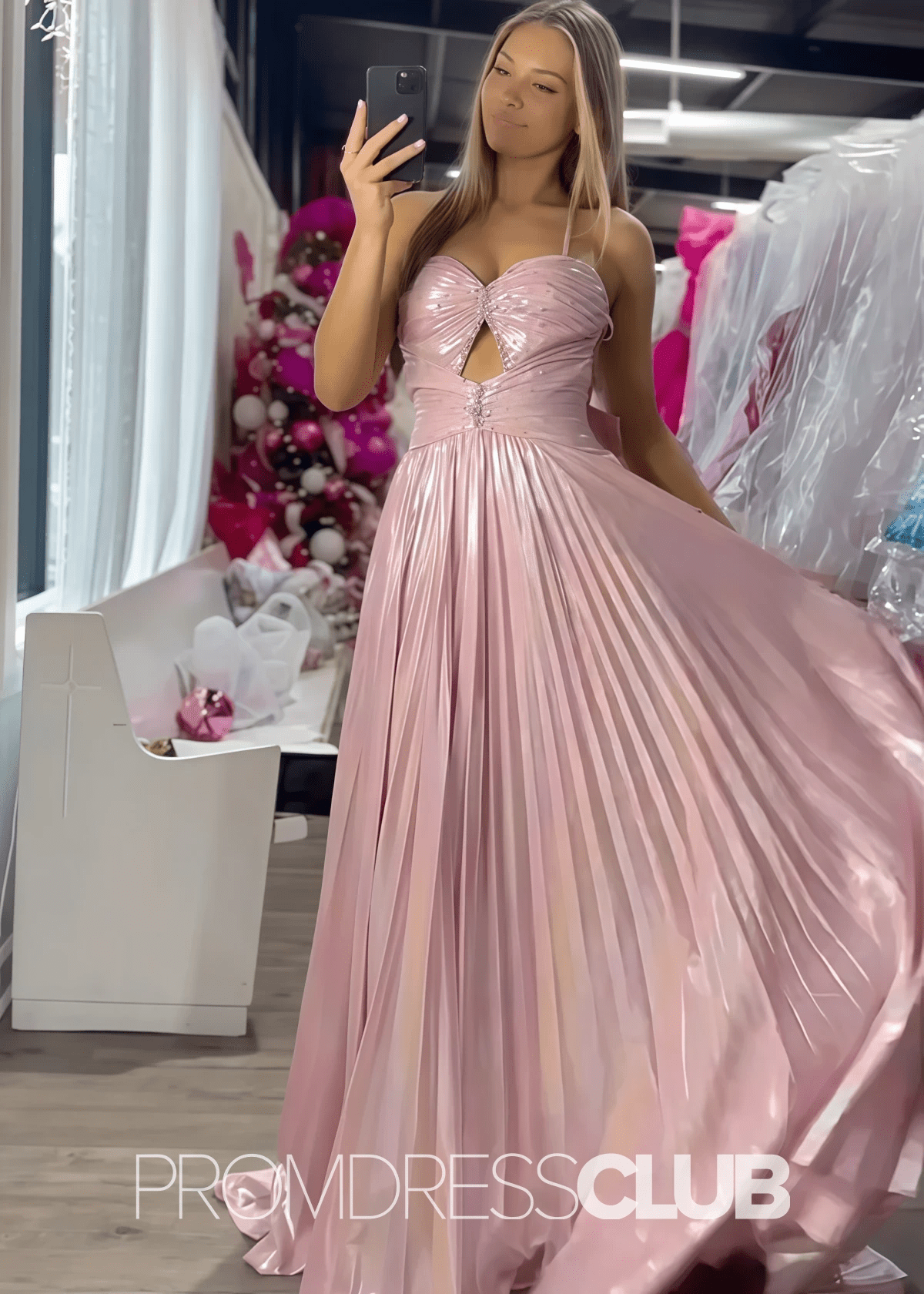 Rae |Long Fuchsia Metallic Prom Dresses Websites With A Line Spaghetti Straps Pleated Slit - Blush - PromDressClub