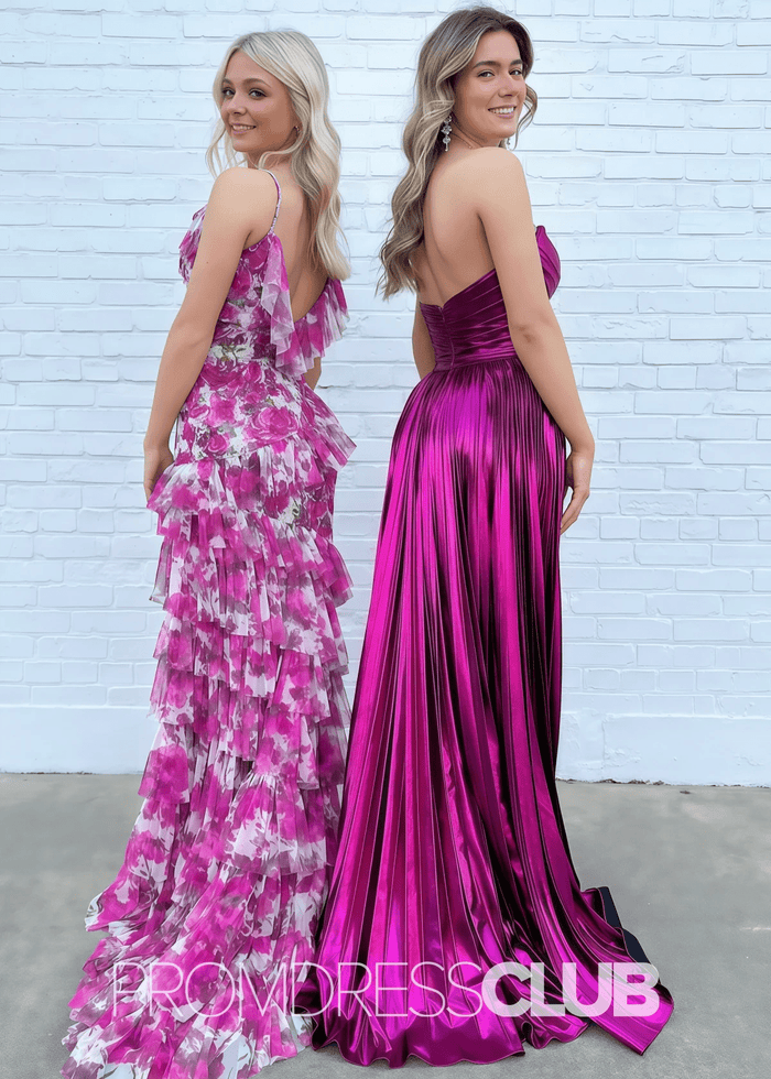 Regina |Fuchsia Metallic Long Prom Dresses Websites With A Line Sweetheart Pleated Slit - Price #price_variant_lowest# - Fuchsia - PromDressClub