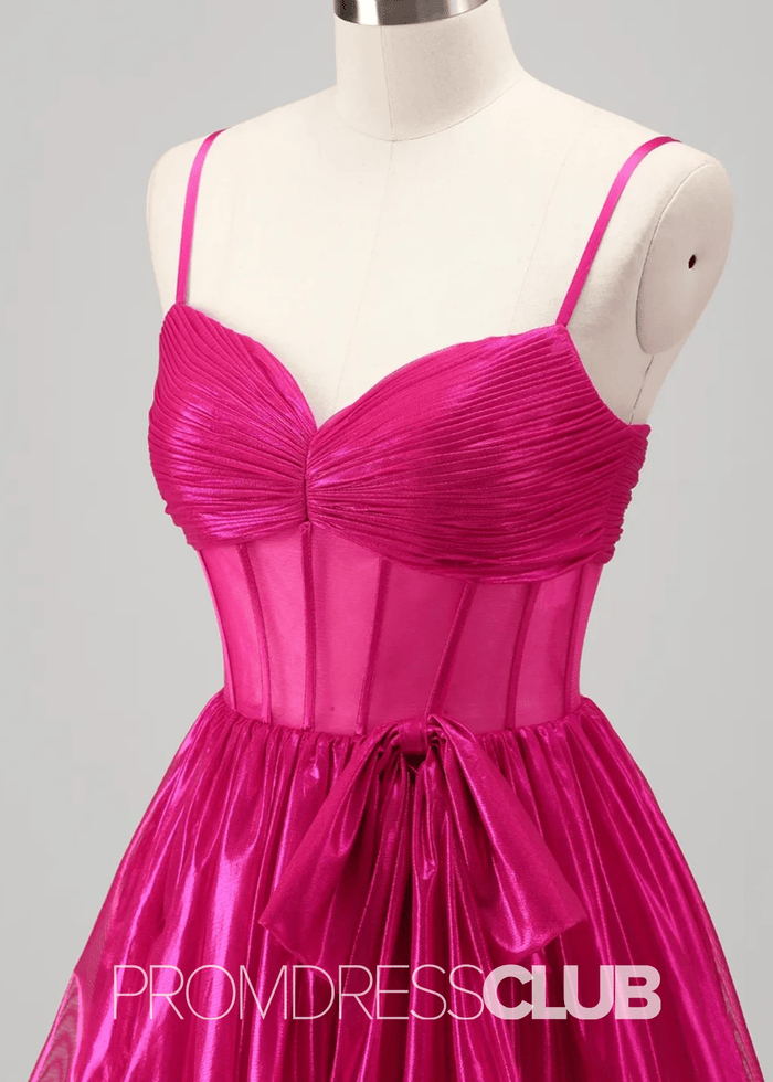 Renata |Long Fuchsia Metallic Prom Dresses Websites With Spaghetti Straps A - Line Tiered Corset Bow - Price #price_variant_lowest# - Fuchsia - PromDressClub