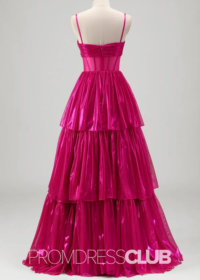 Renata |Long Fuchsia Metallic Prom Dresses Websites With Spaghetti Straps A - Line Tiered Corset Bow - Price #price_variant_lowest# - Fuchsia - PromDressClub