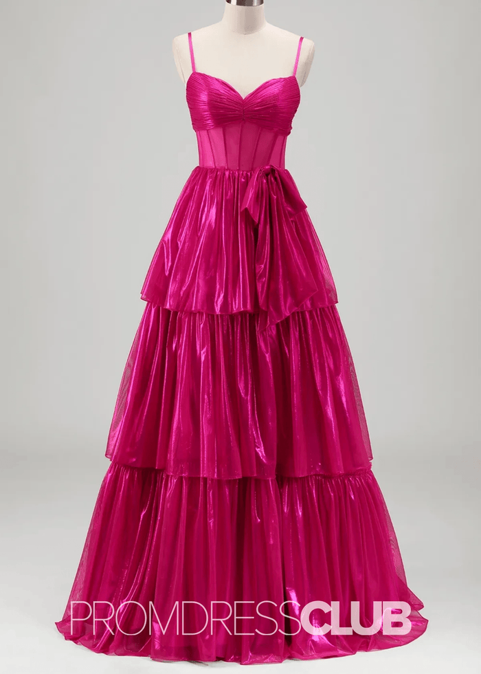Renata |Long Fuchsia Metallic Prom Dresses Websites With Spaghetti Straps A - Line Tiered Corset Bow - Price #price_variant_lowest# - Fuchsia - PromDressClub