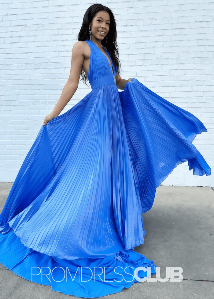 Renee |Long Blue Metallic Prom Dresses Websites With Halter Neck A - Line Pleated Slit - Price #price_variant_lowest# - Blue - PromDressClub