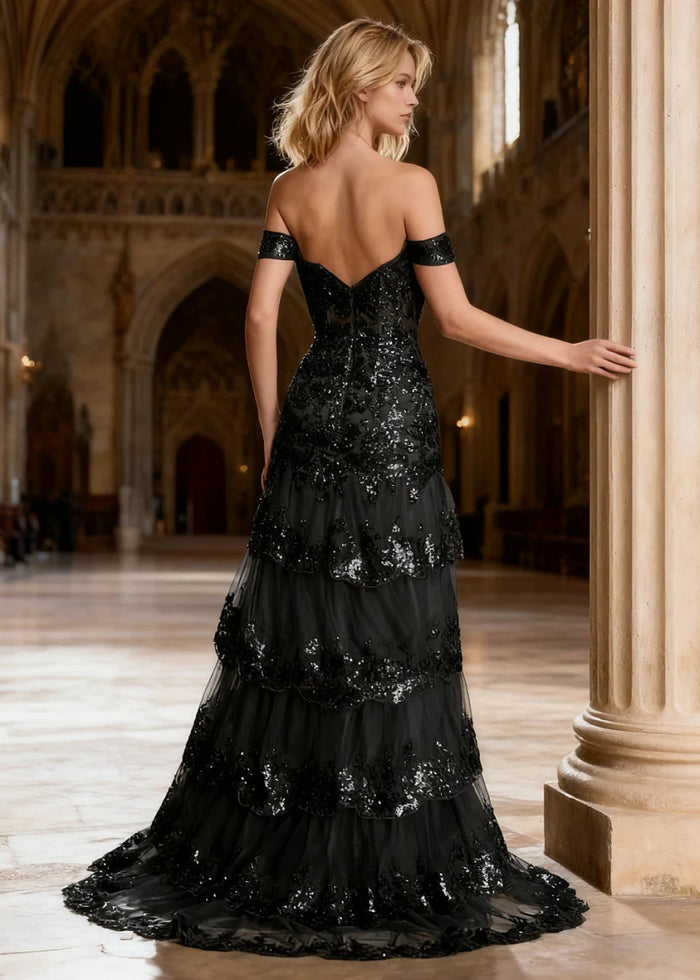 Reverie Black Ruffle Off the Shoulder Prom Dress | Mermaid Sweetheart Strapless Sequin Dress Split - US0 - PromDressClub