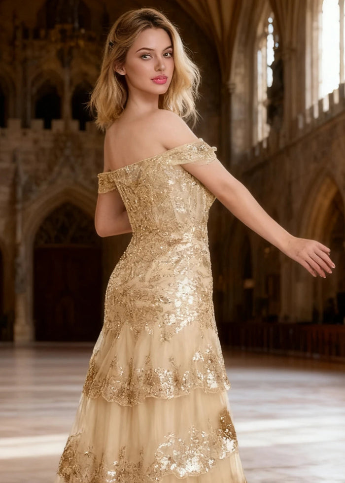 Reverie Champagne Ruffle Off the Shoulder Prom Dress | Mermaid Sweetheart Strapless Sequin Dress Split - US0 - PromDressClub