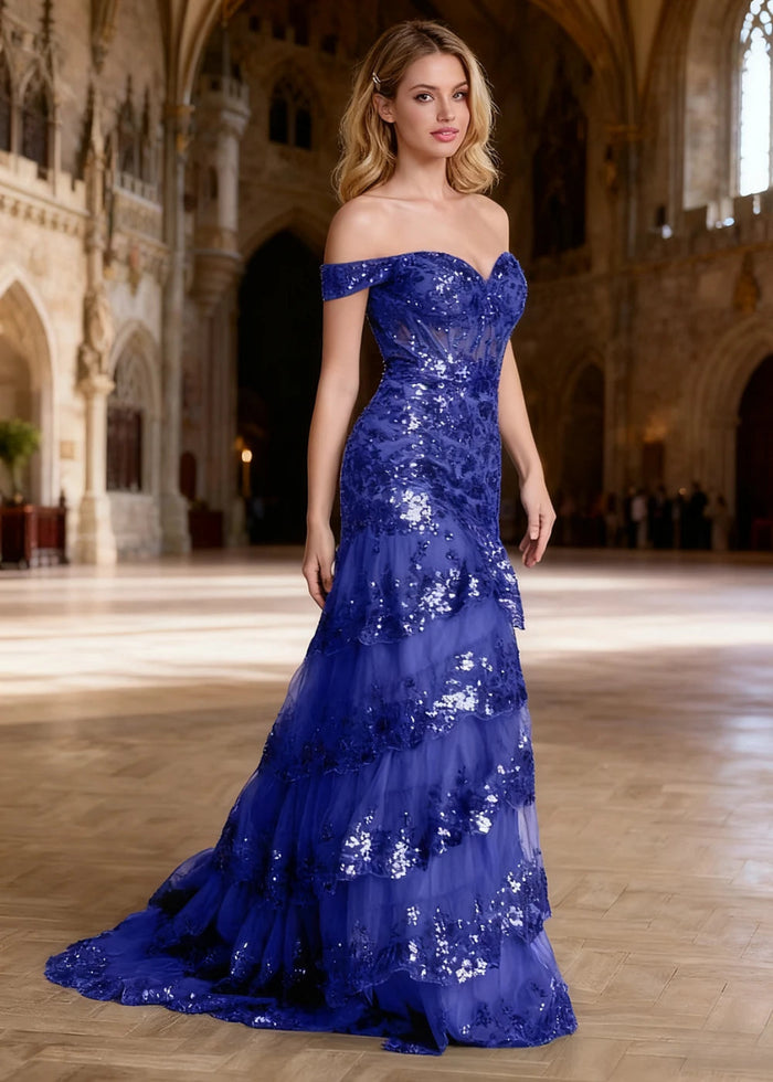 Reverie Royal Blue Ruffle Off the Shoulder Prom Dress | Mermaid Sweetheart Strapless Sequin Dress Split - US0 - PromDressClub