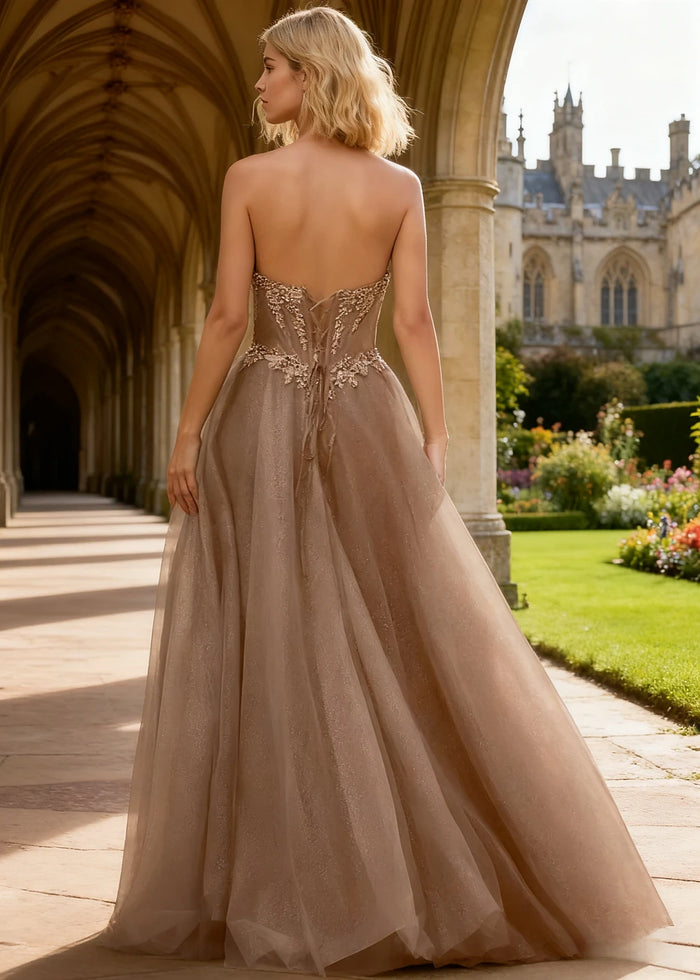 Rhea Taupe Corset Glitter Prom Dress | A - Line Strapless Floor Length Formal Dress with Slit - Taupe - PromDressClub