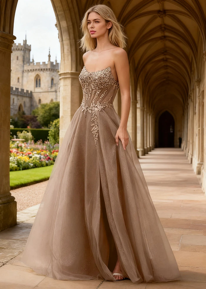 Rhea Taupe Corset Glitter Prom Dress | A - Line Strapless Floor Length Formal Dress with Slit - Taupe - PromDressClub