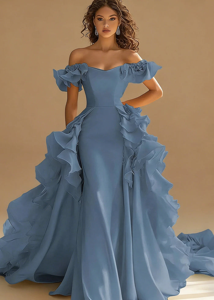 Riona Satin Yellow Ruffle Prom Dress | A - Line Off the Shoulder Tiered Strapless Formal Dress - Dusty Blue - PromDressClub