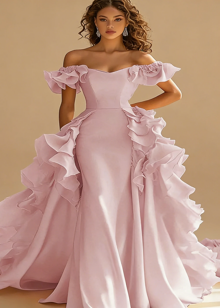 Riona Satin Yellow Ruffle Prom Dress | A - Line Off the Shoulder Tiered Strapless Formal Dress - Dusty Rose - PromDressClub
