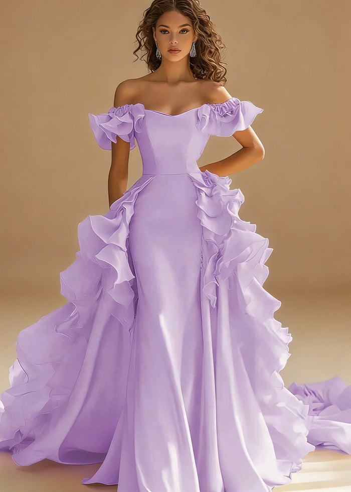 Riona Satin Yellow Ruffle Prom Dress | A - Line Off the Shoulder Tiered Strapless Formal Dress - Lilac - PromDressClub