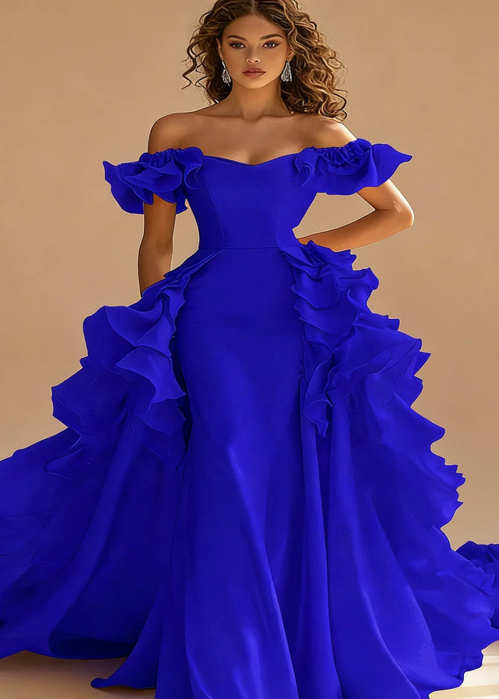 Riona Satin Yellow Ruffle Prom Dress | A - Line Off the Shoulder Tiered Strapless Formal Dress - Royal Blue - PromDressClub